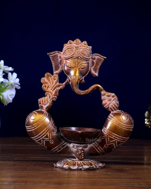 Pure Brass Lord Ganesha Modernized Diya Oil Lamp – Home Decor & Gifting vintage finish - Budhshiv.com