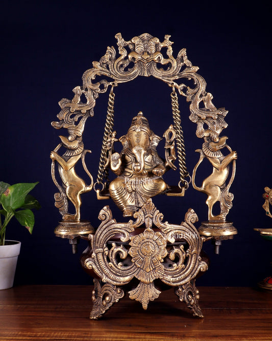 Pure Brass Lord Ganesha on a Swing Urli – Dual Tone Finish 20" - Budhshiv.com