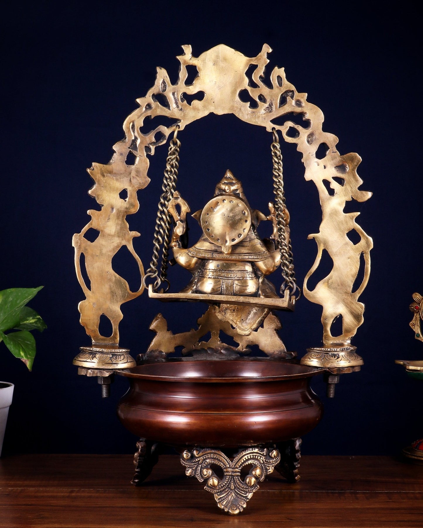 Pure Brass Lord Ganesha on a Swing Urli – Dual Tone Finish 20" - Budhshiv.com