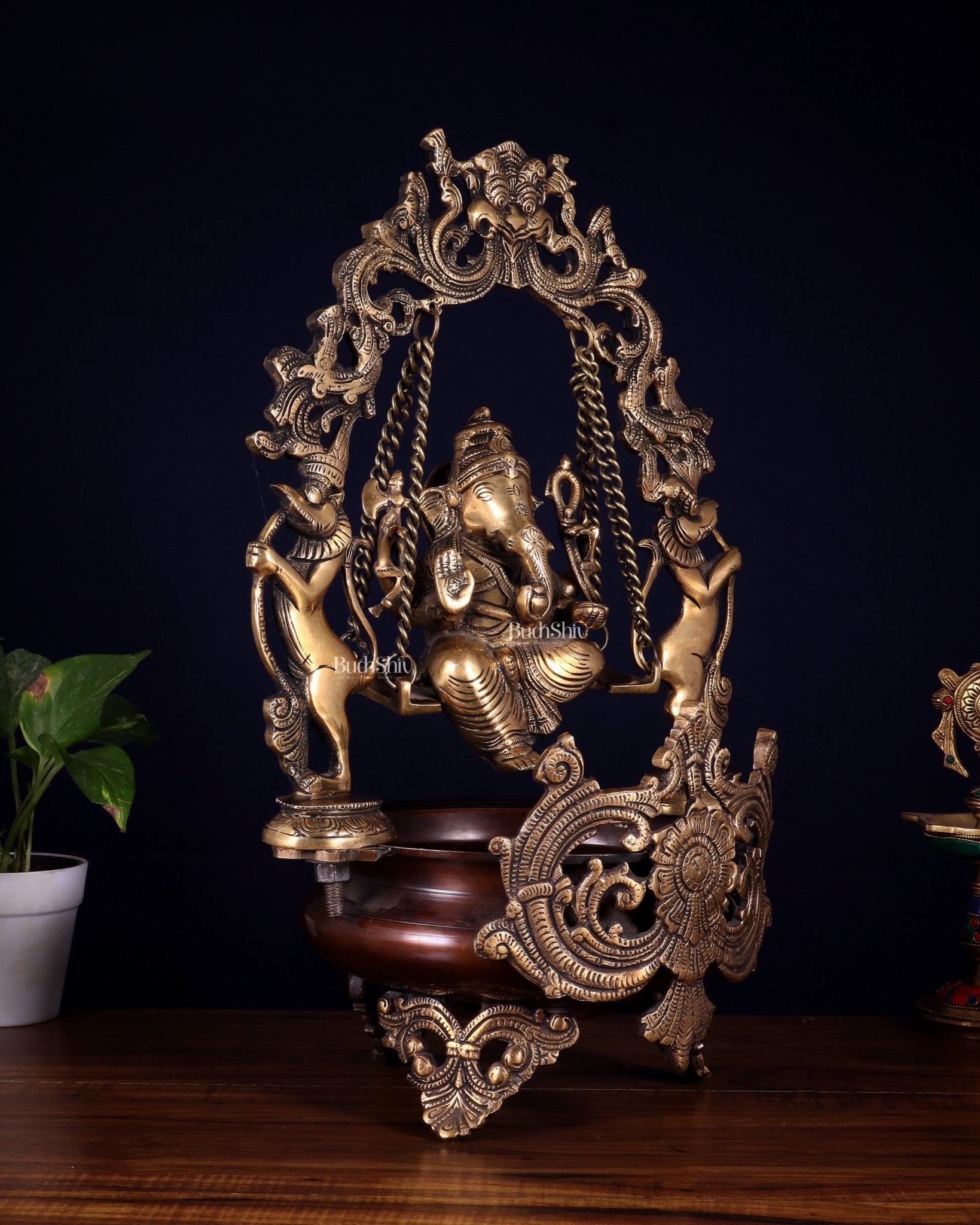 Pure Brass Lord Ganesha on a Swing Urli – Dual Tone Finish 20" - Budhshiv.com