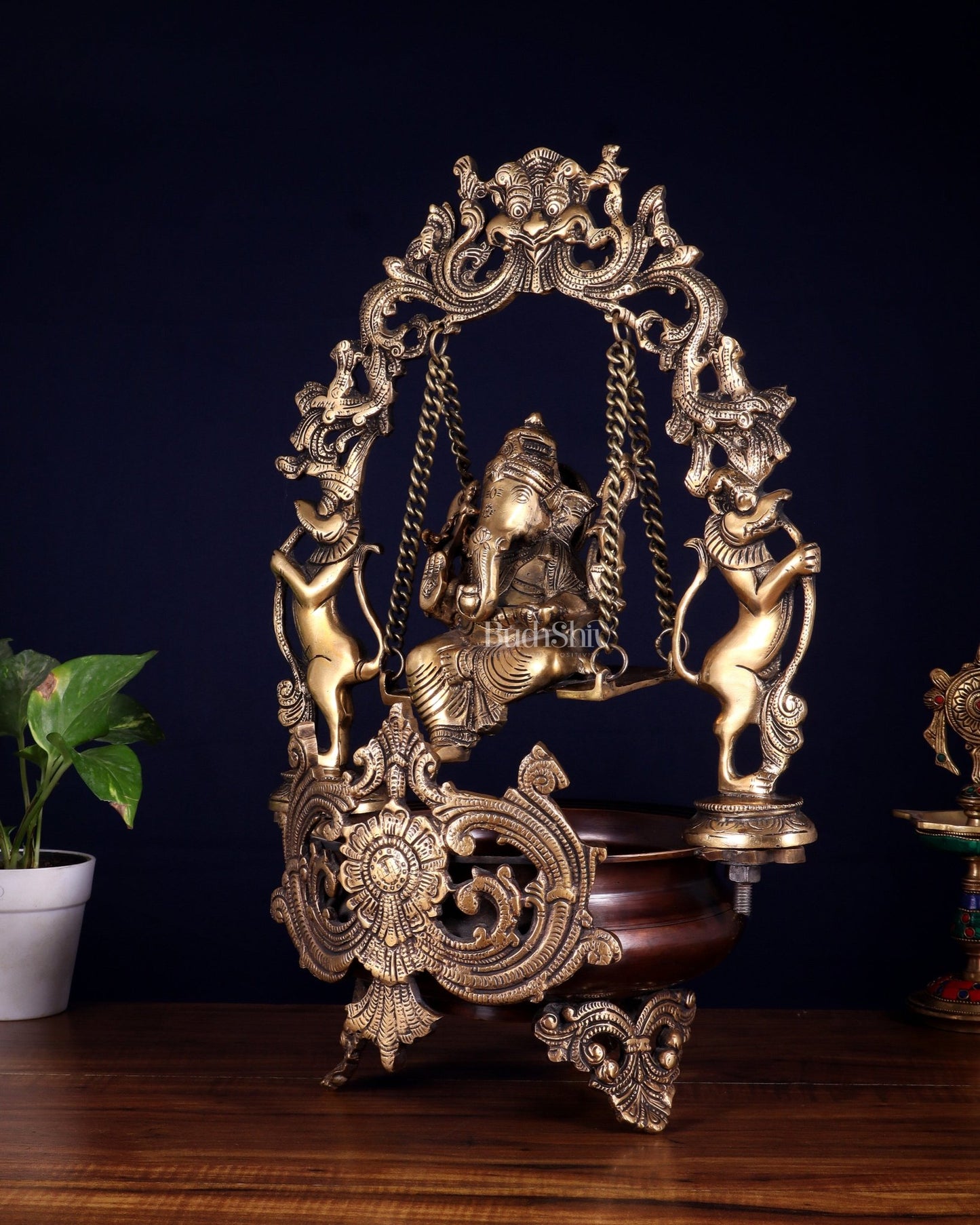 Pure Brass Lord Ganesha on a Swing Urli – Dual Tone Finish 20" - Budhshiv.com