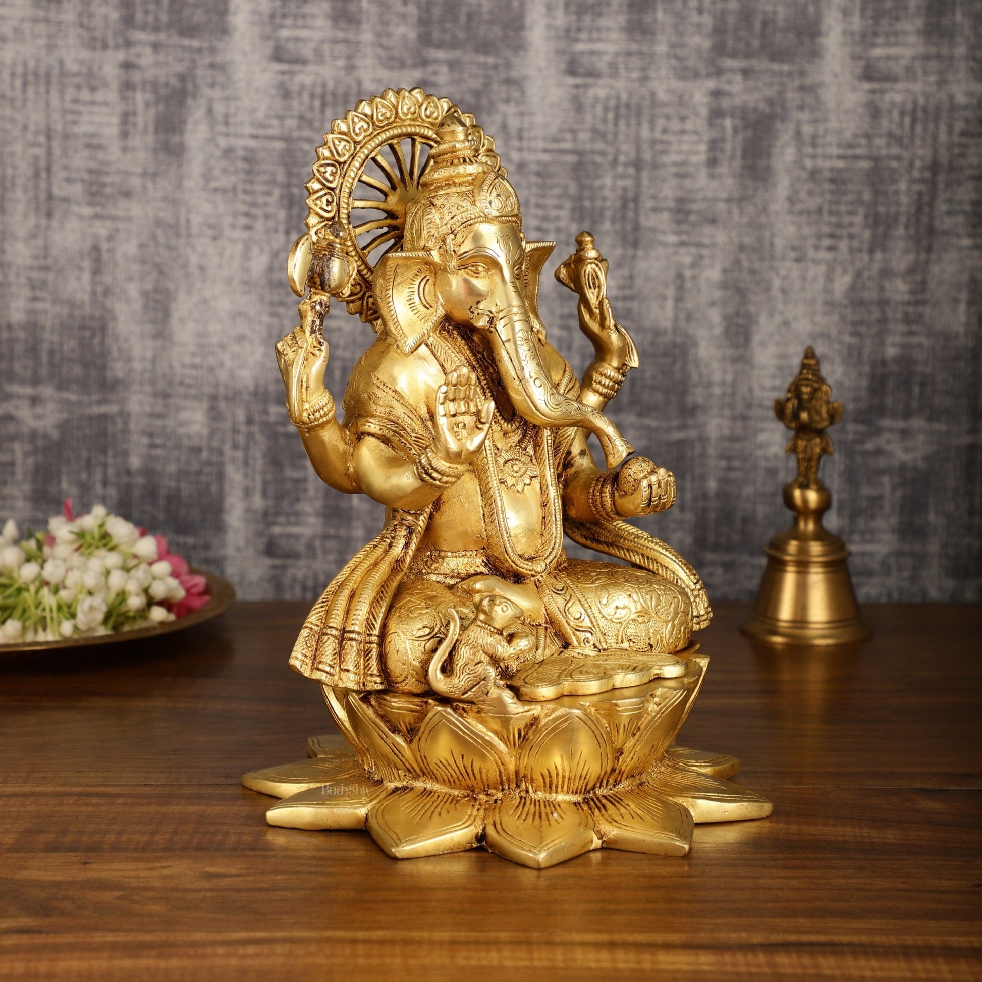 Pure Brass Lord Ganesha on Lotus Base | 11 Inch Height | Elegant Design - Budhshiv.com