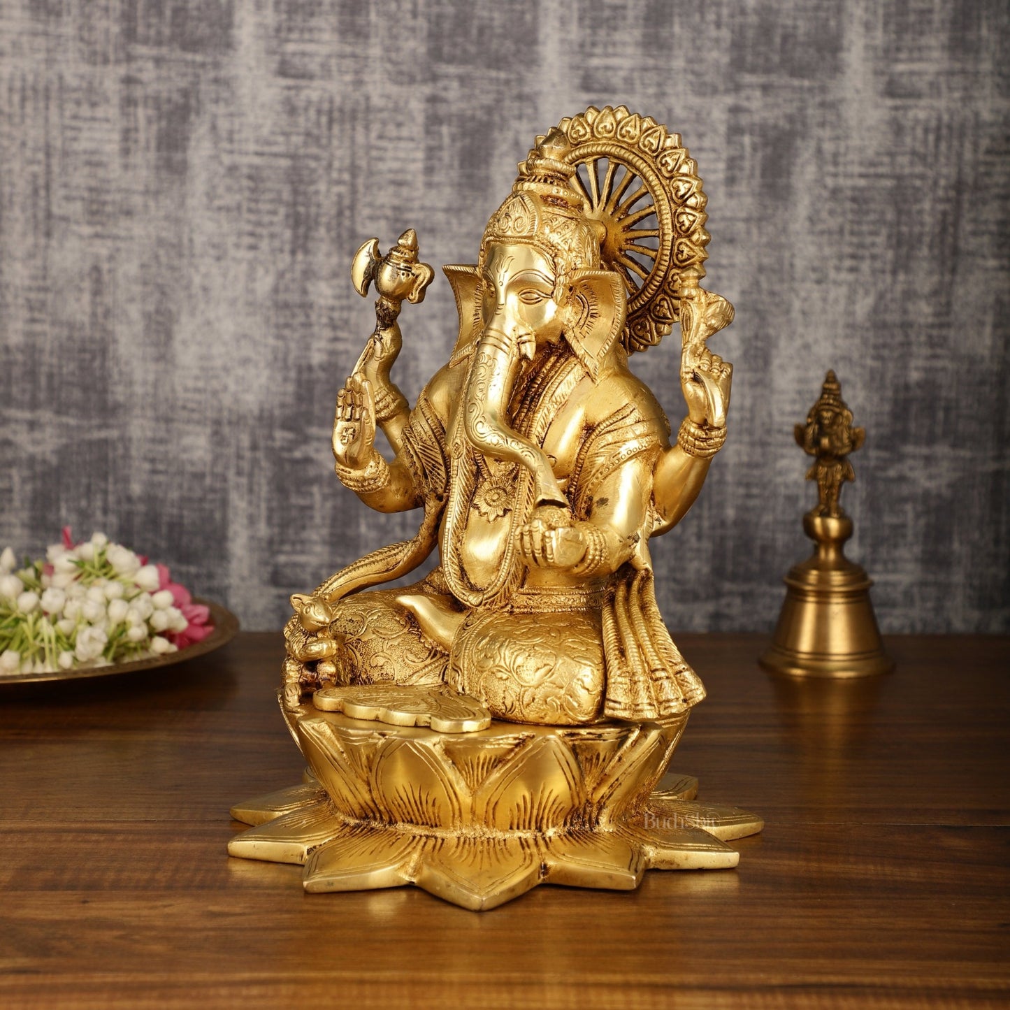 Pure Brass Lord Ganesha on Lotus Base | 11 Inch Height | Elegant Design - Budhshiv.com