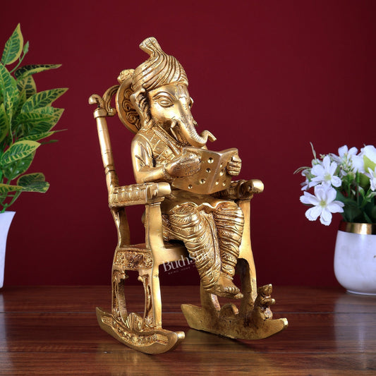 Pure Brass Lord Ganesha on Rocking Chair – Medium Size Idol & Showpiece 11 inch - Budhshiv.com