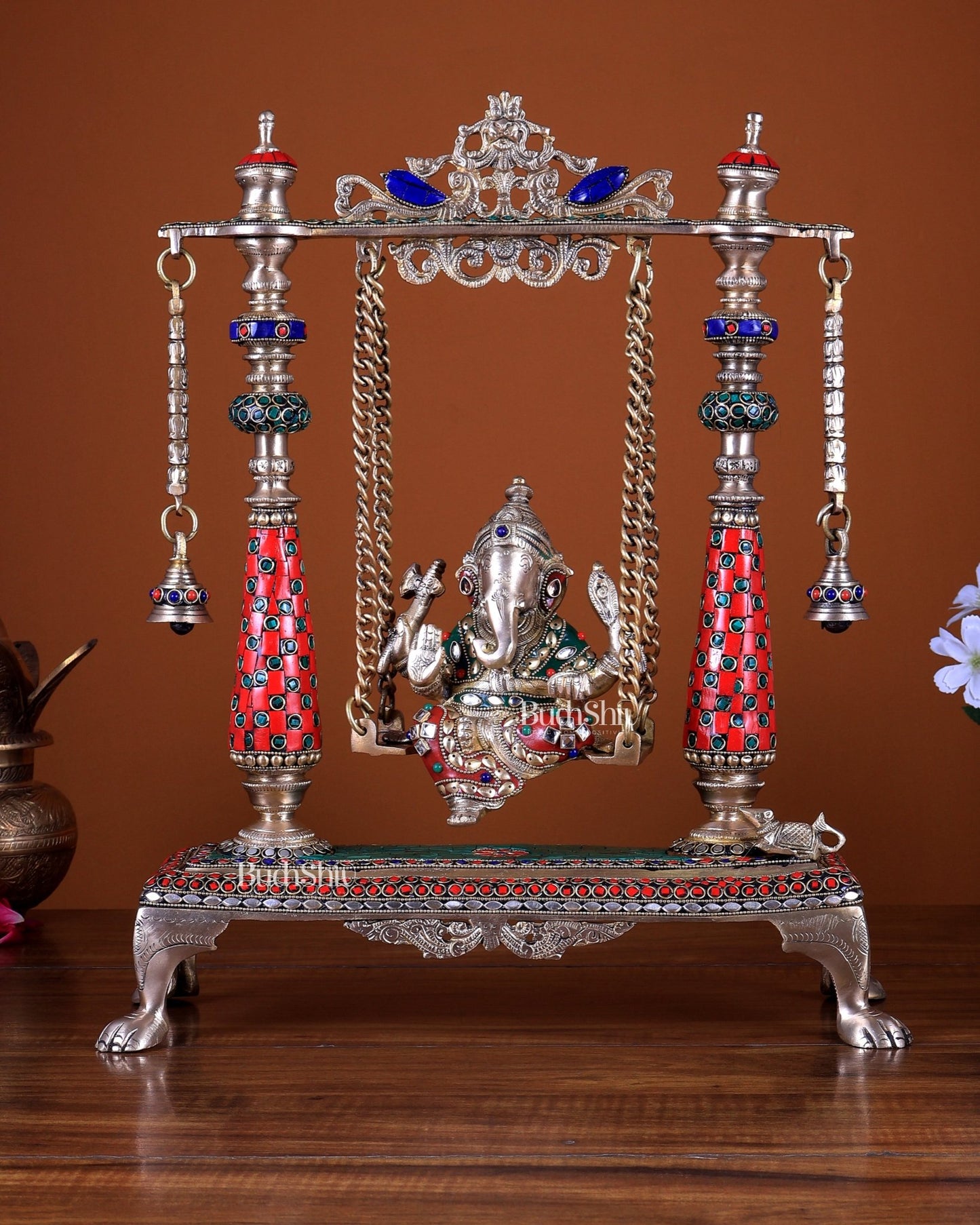 Pure Brass Lord Ganesha on Swing 16 Inch with stonework - Budhshiv.com