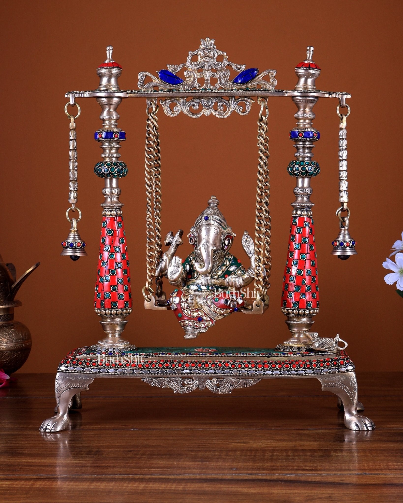 Pure Brass Lord Ganesha on Swing 16 Inch with stonework - Budhshiv.com