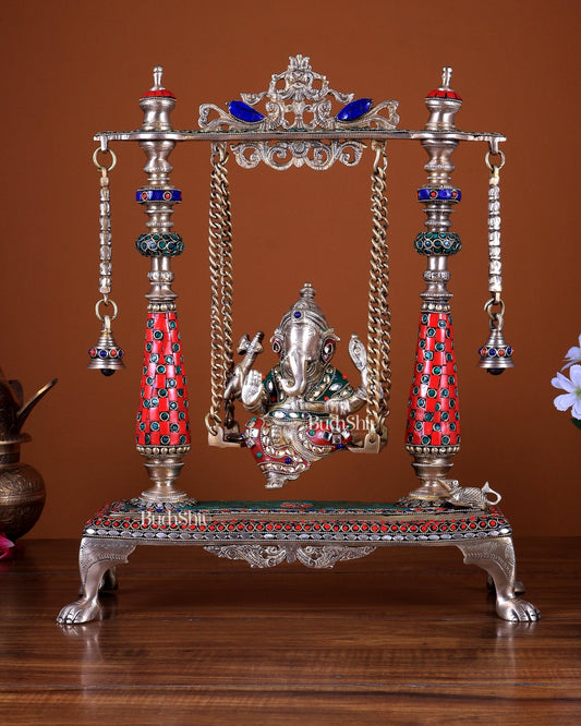 Pure Brass Lord Ganesha on Swing 16 Inch with stonework - Budhshiv.com