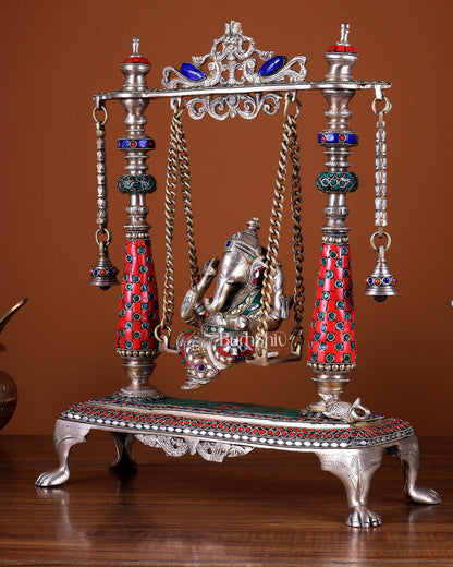 Pure Brass Lord Ganesha on Swing 16 Inch with stonework - Budhshiv.com