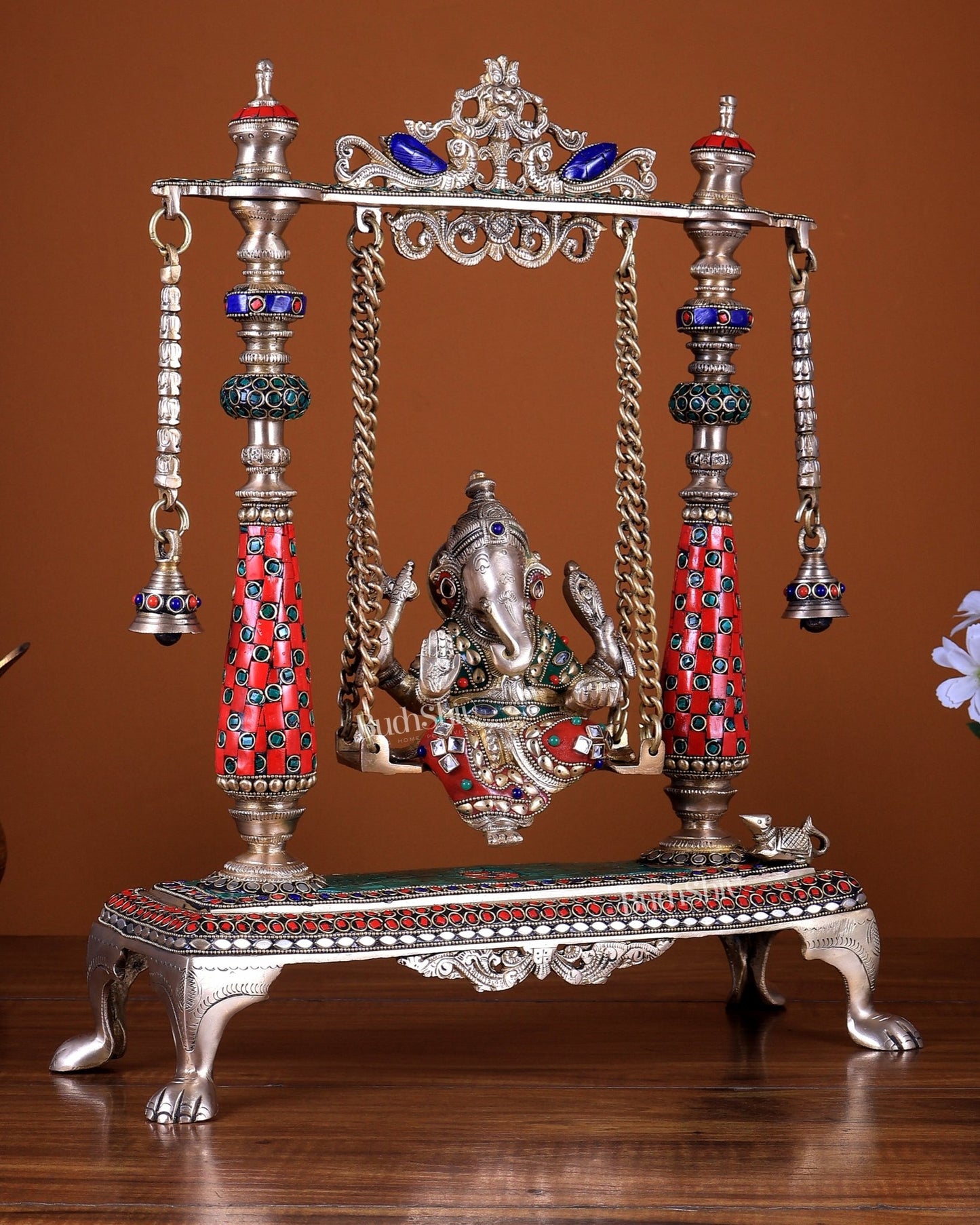 Pure Brass Lord Ganesha on Swing 16 Inch with stonework - Budhshiv.com