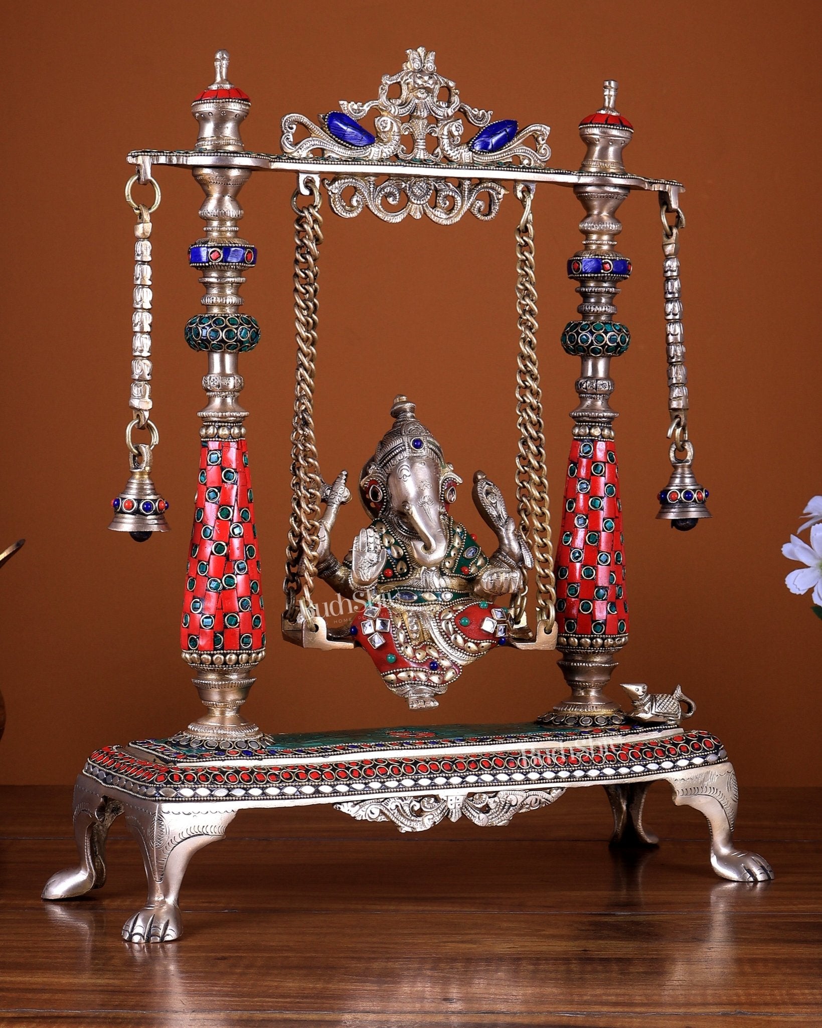Pure Brass Lord Ganesha on Swing 16 Inch with stonework - Budhshiv.com