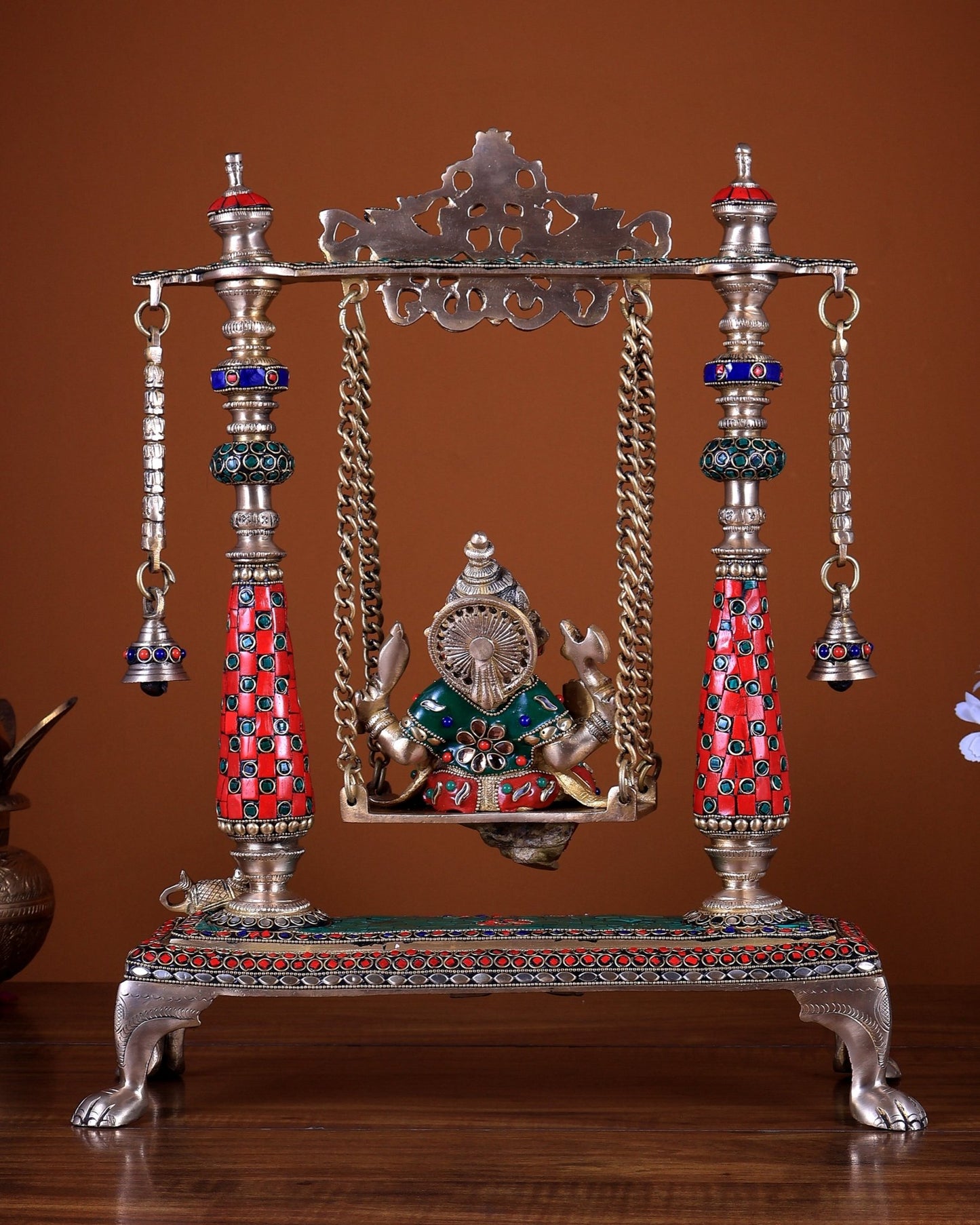 Pure Brass Lord Ganesha on Swing 16 Inch with stonework - Budhshiv.com