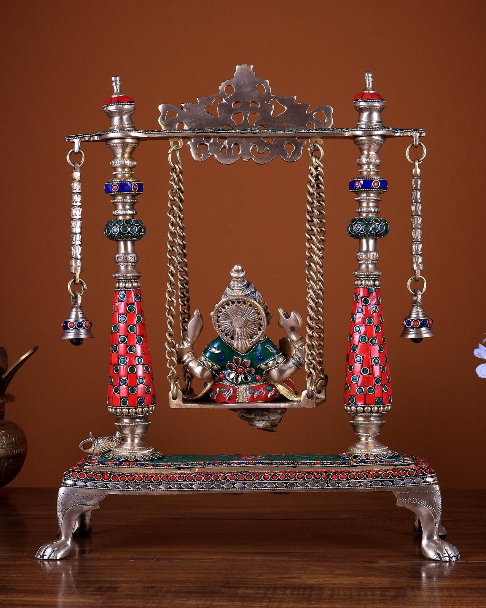Pure Brass Lord Ganesha on Swing 16 Inch with stonework - Budhshiv.com