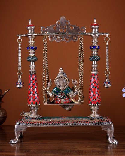 Pure Brass Lord Ganesha on Swing 16 Inch with stonework - Budhshiv.com