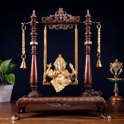 Pure Brass Lord Ganesha on Swing | Superfine Quality | 16 Inch dual tone - Budhshiv.com