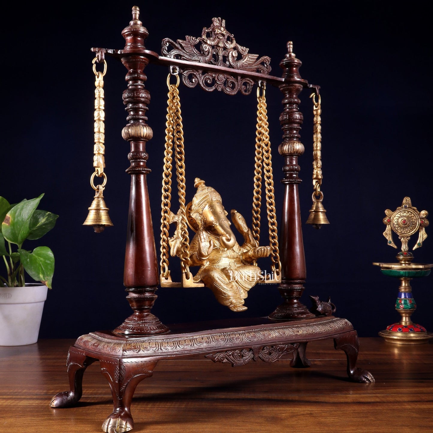Pure Brass Lord Ganesha on Swing | Superfine Quality | 16 Inch dual tone - Budhshiv.com