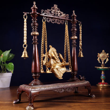 Pure Brass Lord Ganesha on Swing | Superfine Quality | 16 Inch dual tone - Budhshiv.com