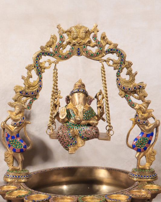 Pure Brass Lord Ganesha on Swing Urli with Diyas - Large 21" Statue - Budhshiv.com