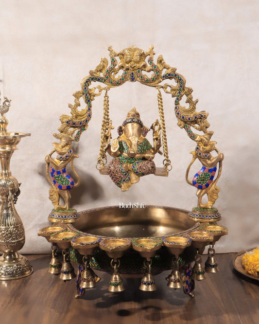 Pure Brass Lord Ganesha on Swing Urli with Diyas - Large 21" Statue - Budhshiv.com