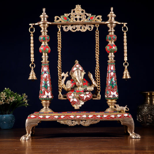 Pure Brass Lord Ganesha on Swing | with meenakari| 16 Inch - Budhshiv.com