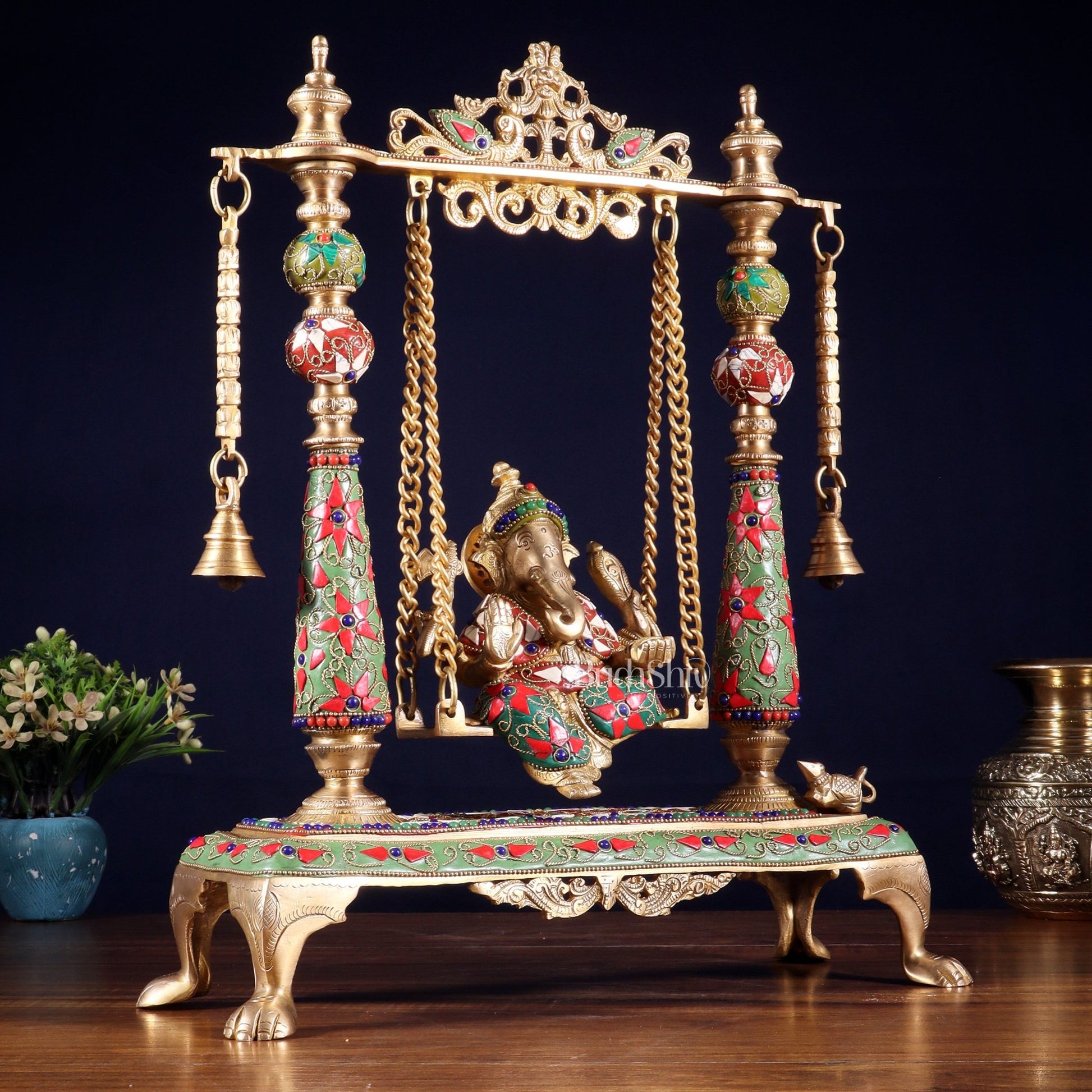 Pure Brass Lord Ganesha on Swing | with meenakari| 16 Inch - Budhshiv.com