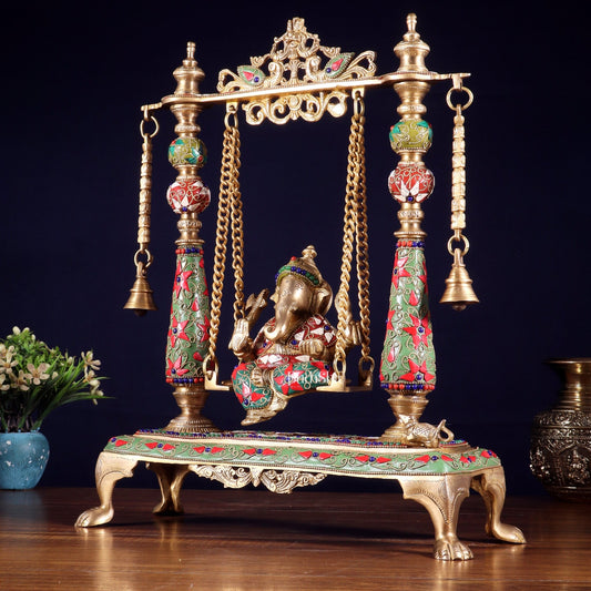 Pure Brass Lord Ganesha on Swing | with meenakari| 16 Inch - Budhshiv.com