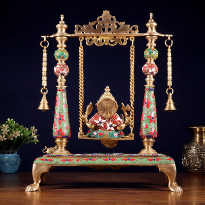 Pure Brass Lord Ganesha on Swing | with meenakari| 16 Inch - Budhshiv.com