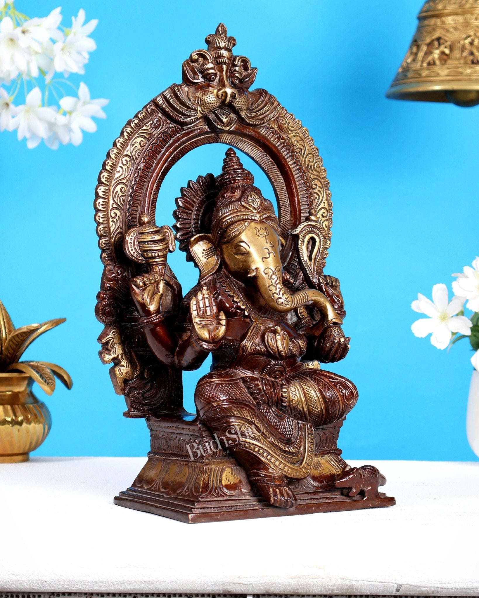 Pure Brass Lord Ganesha on Throne – Dual Tone Finish 12 inch - Budhshiv.com
