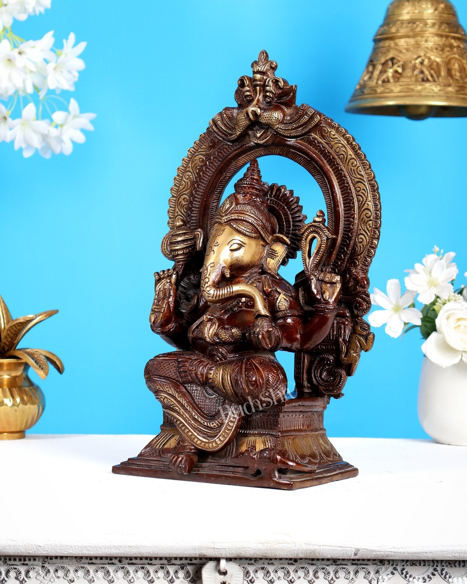 Pure Brass Lord Ganesha on Throne – Dual Tone Finish 12 inch - Budhshiv.com