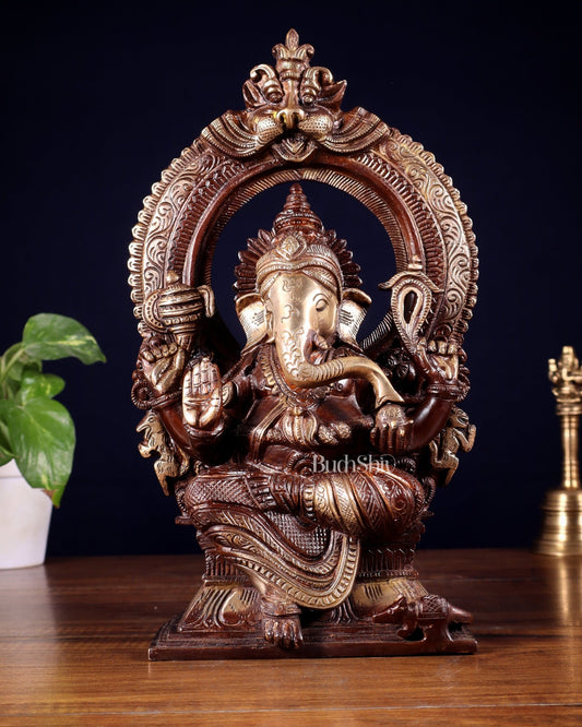Pure Brass Lord Ganesha on Throne – Dual Tone Finish 12 inch - Budhshiv.com