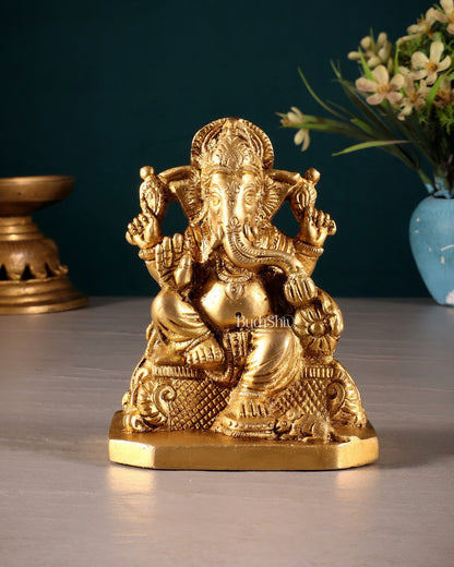 Pure Brass Lord Ganesha on Throne Statue – 5" Small Size for Pooja Room or Gifting - Budhshiv.com