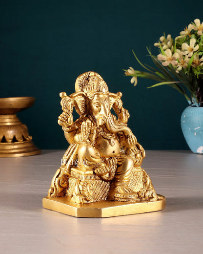 Pure Brass Lord Ganesha on Throne Statue – 5" Small Size for Pooja Room or Gifting - Budhshiv.com