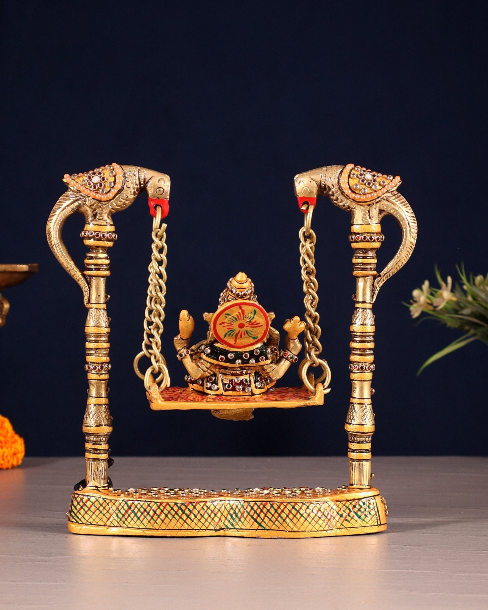 Pure Brass Lord Ganesha on Twin Parrot Swing with Laakh Meenakari 8" - Budhshiv.com
