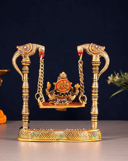 Pure Brass Lord Ganesha on Twin Parrot Swing with Laakh Meenakari 8" - Budhshiv.com