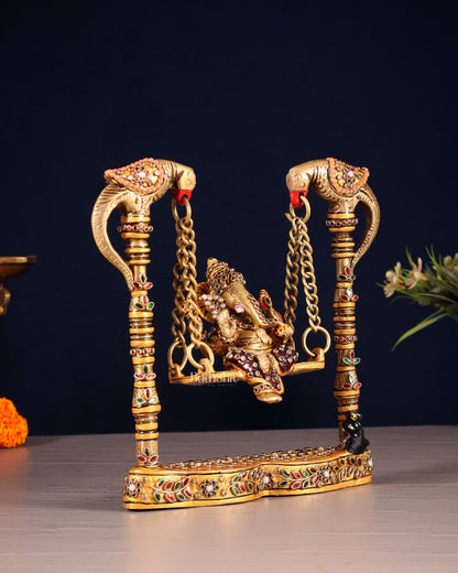 Pure Brass Lord Ganesha on Twin Parrot Swing with Laakh Meenakari 8" - Budhshiv.com