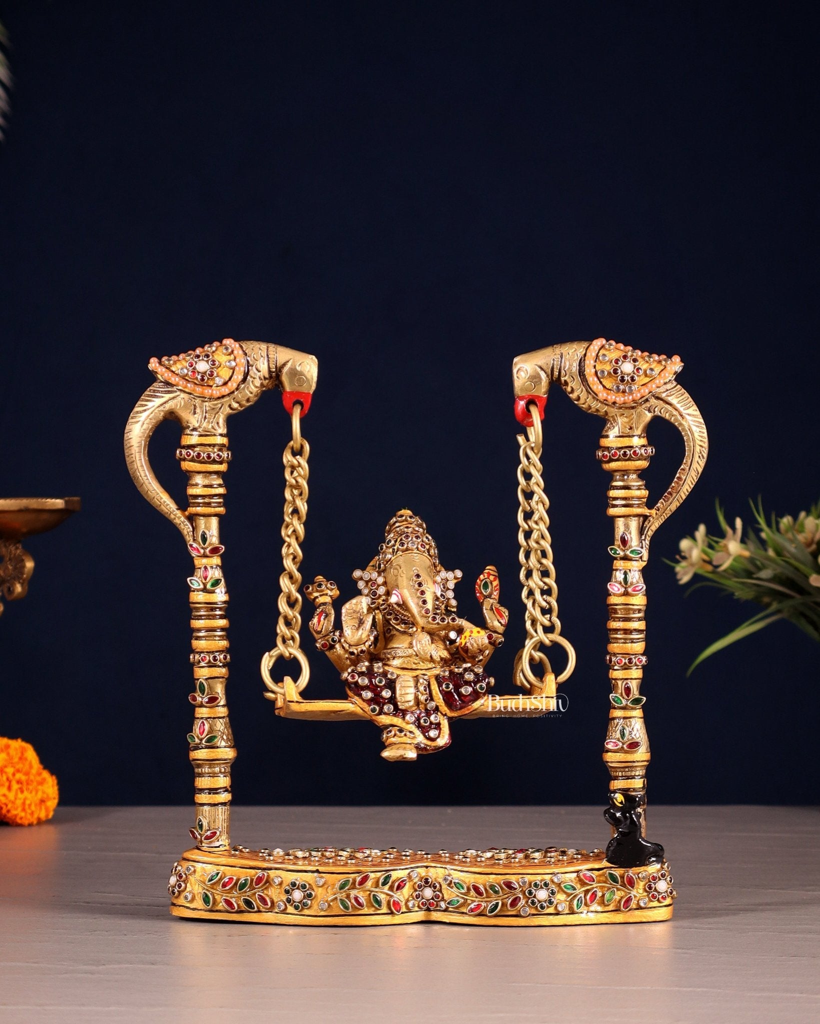 Pure Brass Lord Ganesha on Twin Parrot Swing with Laakh Meenakari 8" - Budhshiv.com
