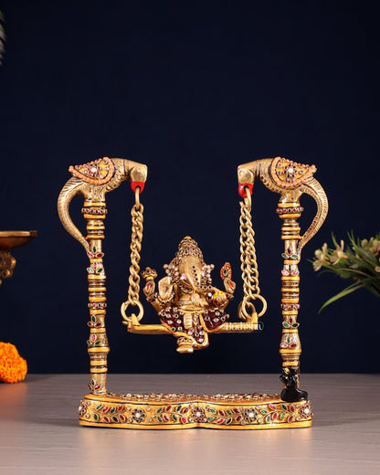 Pure Brass Lord Ganesha on Twin Parrot Swing with Laakh Meenakari 8" - Budhshiv.com