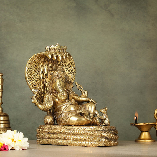 Pure Brass Lord Ganesha Resting on Sheshnaag – 10" x 9" x 5.5" | Divine & Artistic Idol - Budhshiv.com