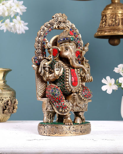Pure Brass Lord Ganesha Seated on a Throne Statue 10" with stonework - Budhshiv.com