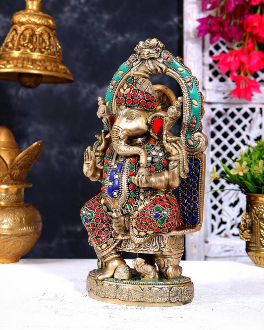 Pure Brass Lord Ganesha Seated on a Throne Statue 10" with stonework - Budhshiv.com