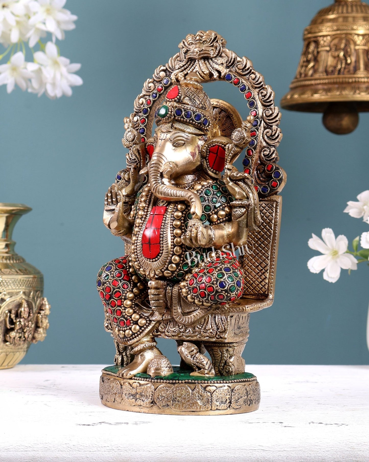 Pure Brass Lord Ganesha Seated on a Throne Statue 10" with stonework - Budhshiv.com