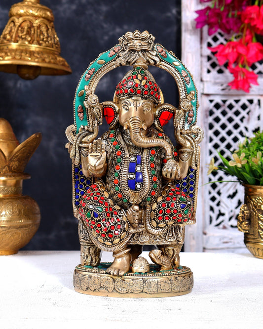 Pure Brass Lord Ganesha Seated on a Throne Statue 10" with stonework - Budhshiv.com