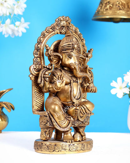 Pure Brass Lord Ganesha Seated on a Throne Statue 10" - Budhshiv.com