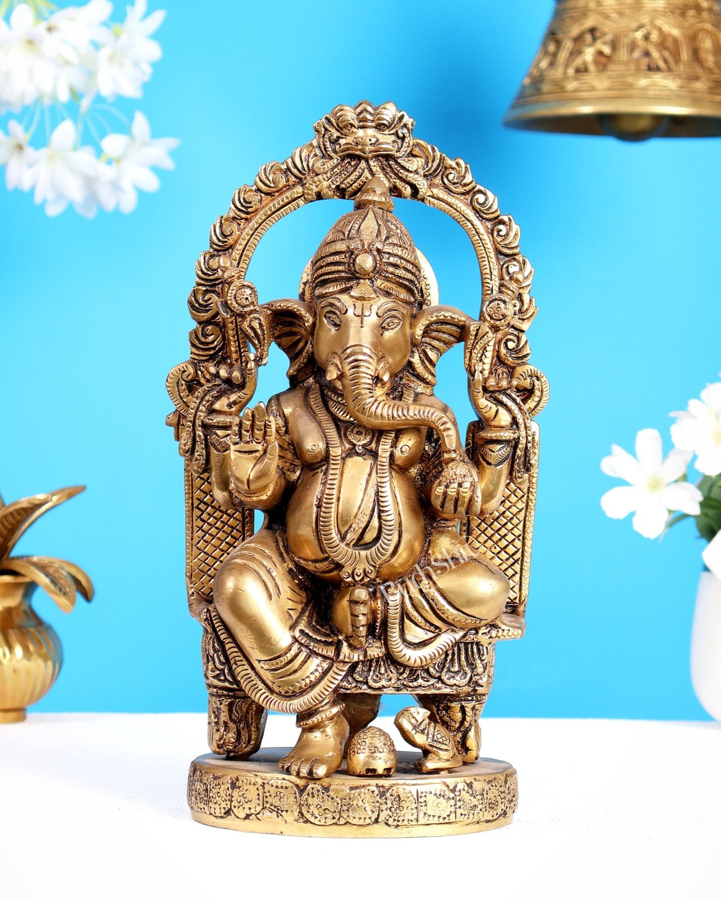 Pure Brass Lord Ganesha Seated on a Throne Statue 10" - Budhshiv.com