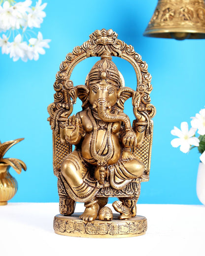Pure Brass Lord Ganesha Seated on a Throne Statue 10" - Budhshiv.com