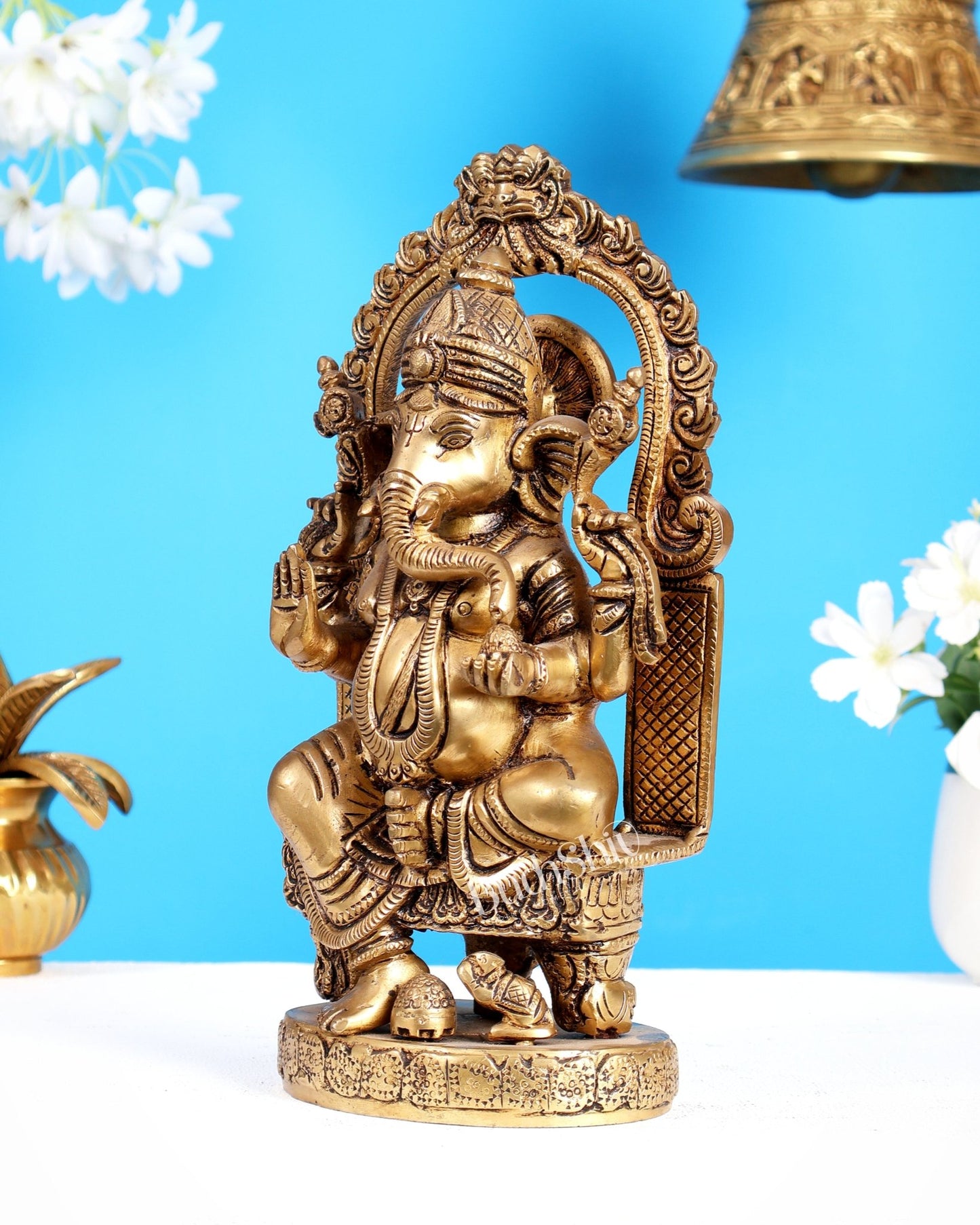 Pure Brass Lord Ganesha Seated on a Throne Statue 10" - Budhshiv.com
