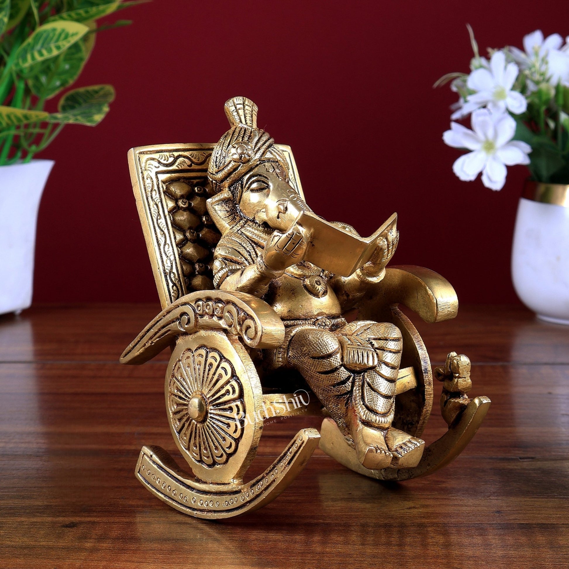 Pure Brass Lord Ganesha Seated on rocking Chair Idol Showpiece 6.5" - Budhshiv.com