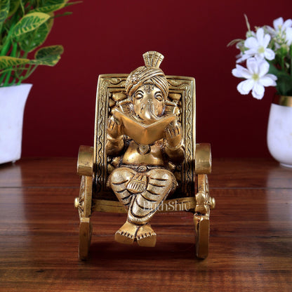 Pure Brass Lord Ganesha Seated on rocking Chair Idol Showpiece 6.5" - Budhshiv.com