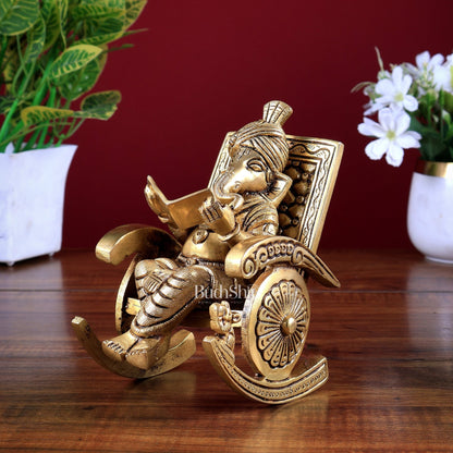 Pure Brass Lord Ganesha Seated on rocking Chair Idol Showpiece 6.5" - Budhshiv.com
