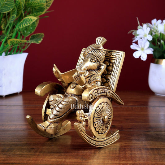 Pure Brass Lord Ganesha Seated on rocking Chair Idol Showpiece 6.5" - Budhshiv.com