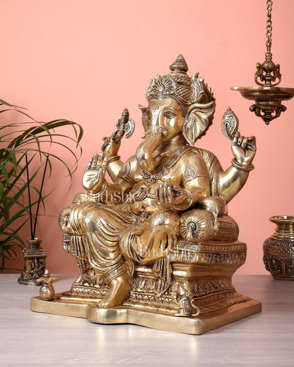 Pure Brass Lord Ganesha Seated on Throne Statue - 18" - Budhshiv.com